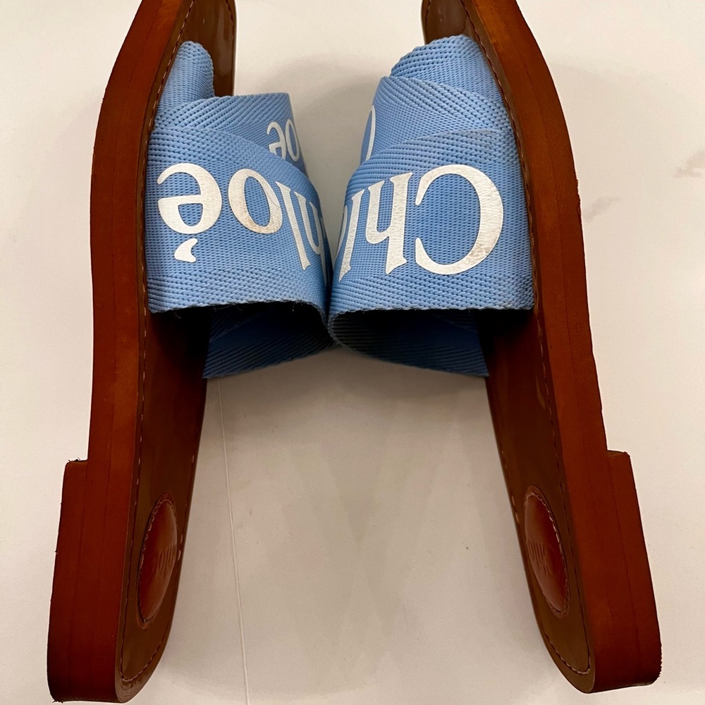 Chloe Light Blue Canvas/Brown Leather Woody Slide Sandals - Picture 8 of 8